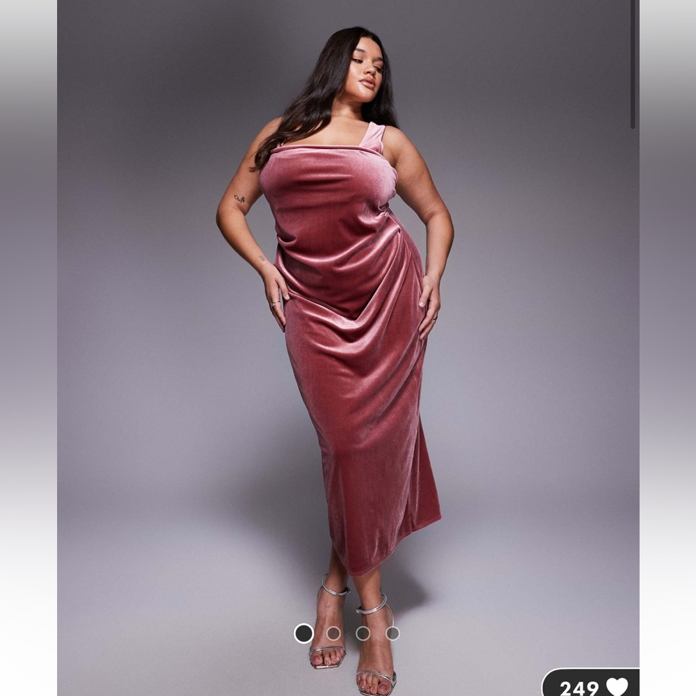 ASOS DESIGN CURVE velvet curved neckline midi dress with slit in rose pink